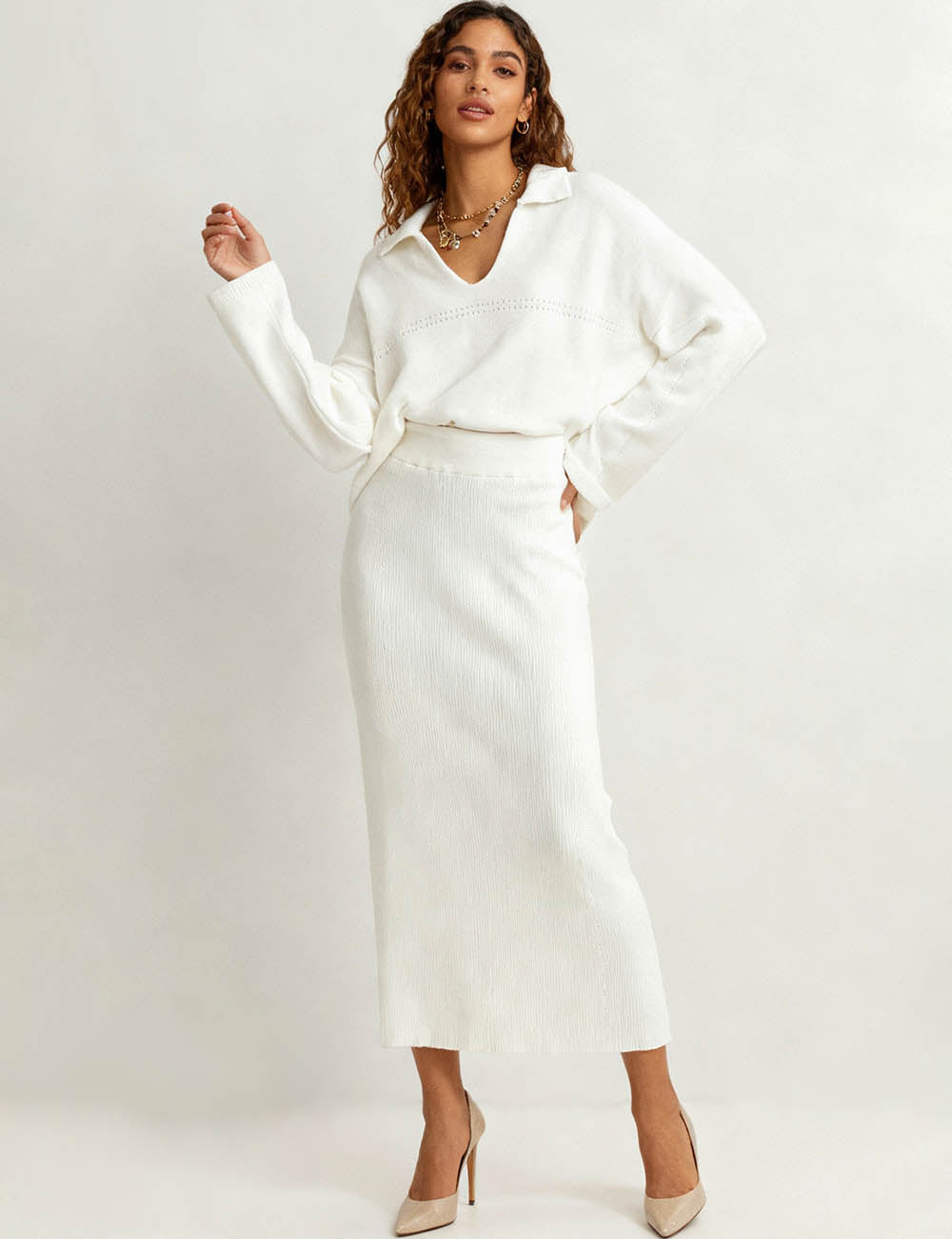 Ladies Solid Color V-Neck Knit Top & Midi Skirt 2PCS Set