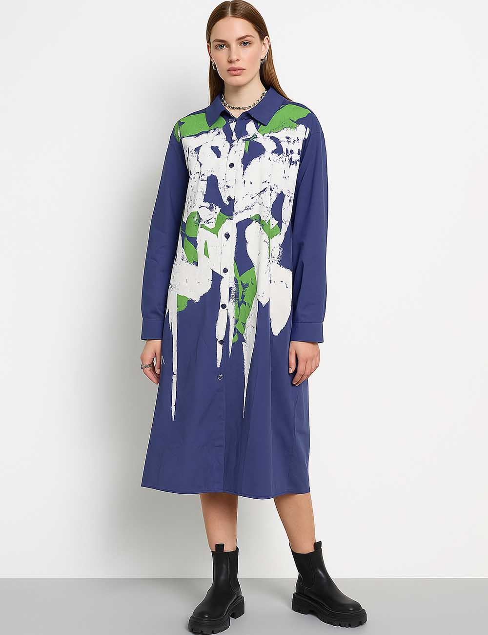 Ladies Colorful Abstract Print Turndown Collar Short Sleeves Midi Dress