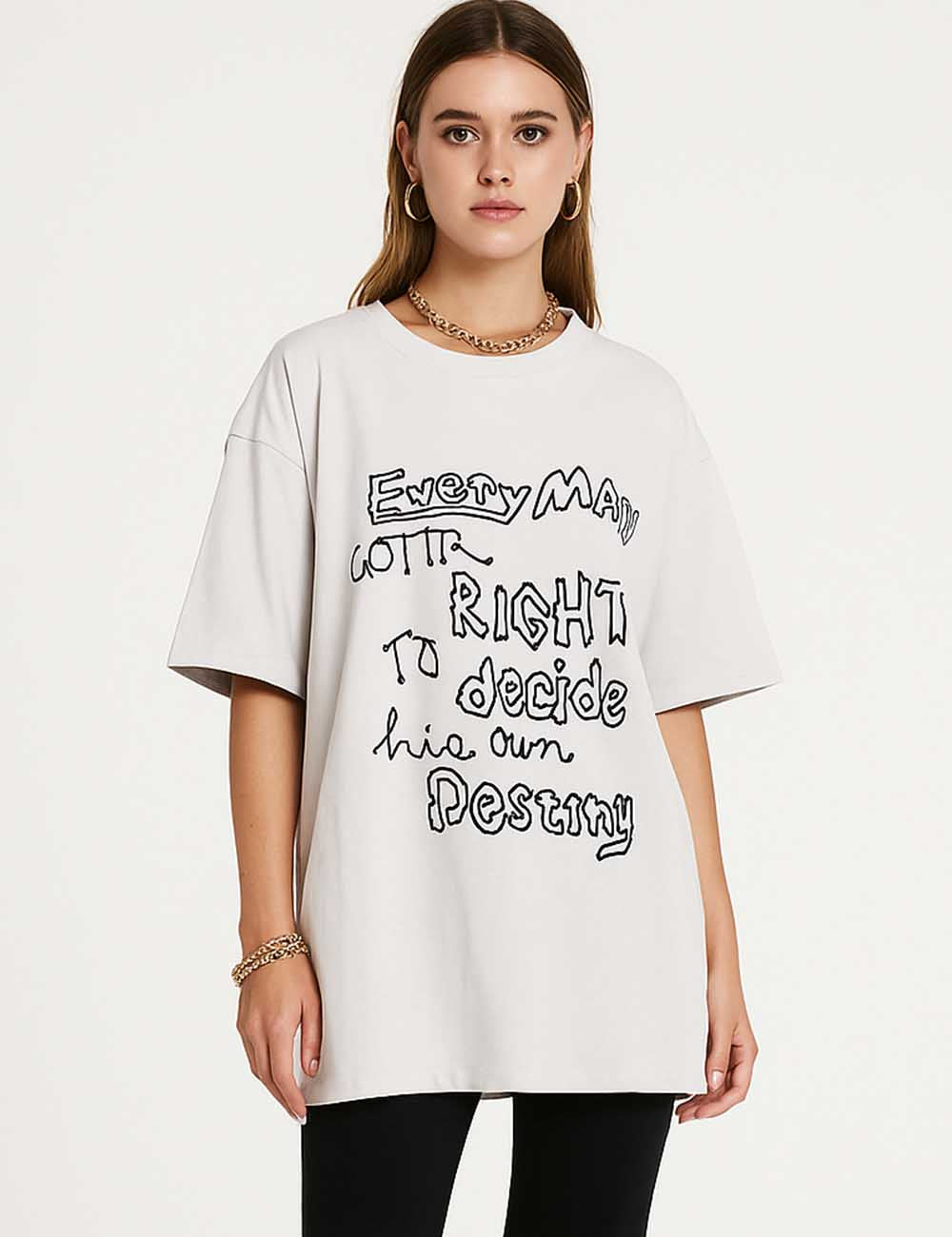 Ladies Letter Print Round Neck Short Sleeves T-Shirt