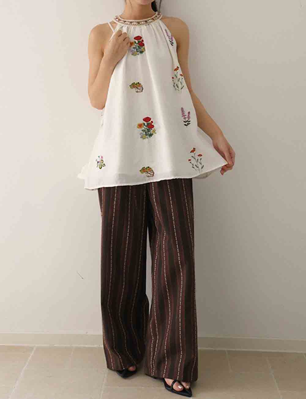 Ladies Flower Jacquared Halter Sleeveless Striped Top & Pants Set