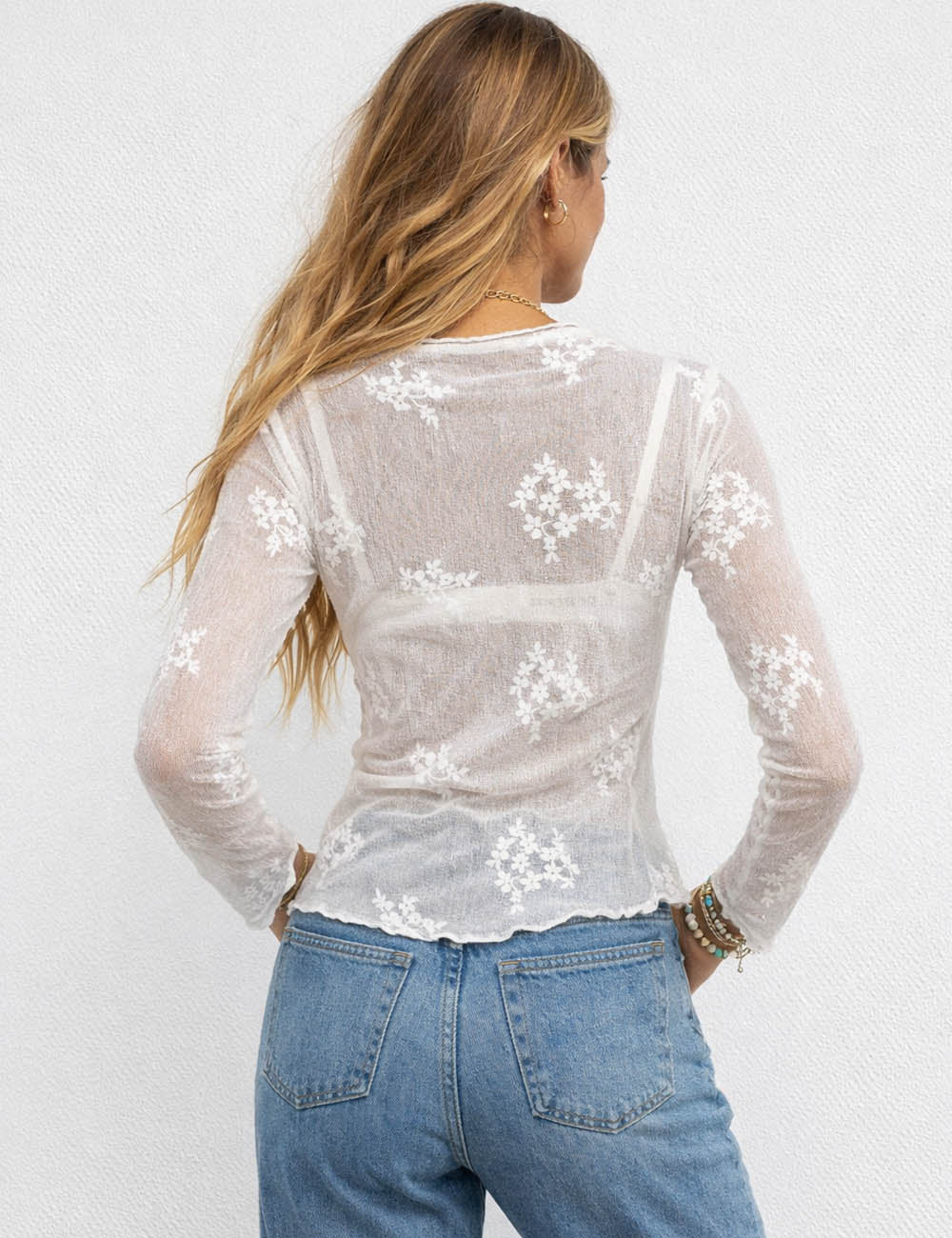 Ladies Romantic Sheer Lace Embroidery Layering Top