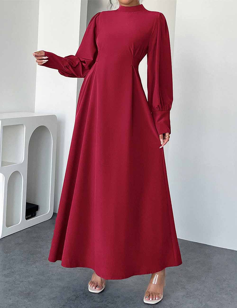 Ladies Solid Color Stand Neck Bubble Long Sleeves A-Line Maxi Dress