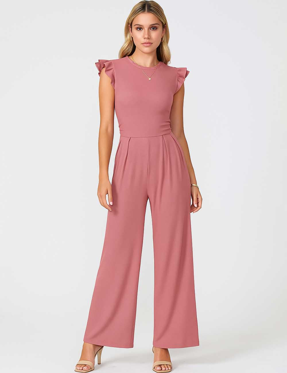 Ladies Ruched Round Neck Ruffle Sleeves Wide Leg Jumpsuit