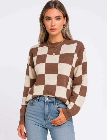 Ladies Checked Round Neck Long Sleeves Knit Sweater