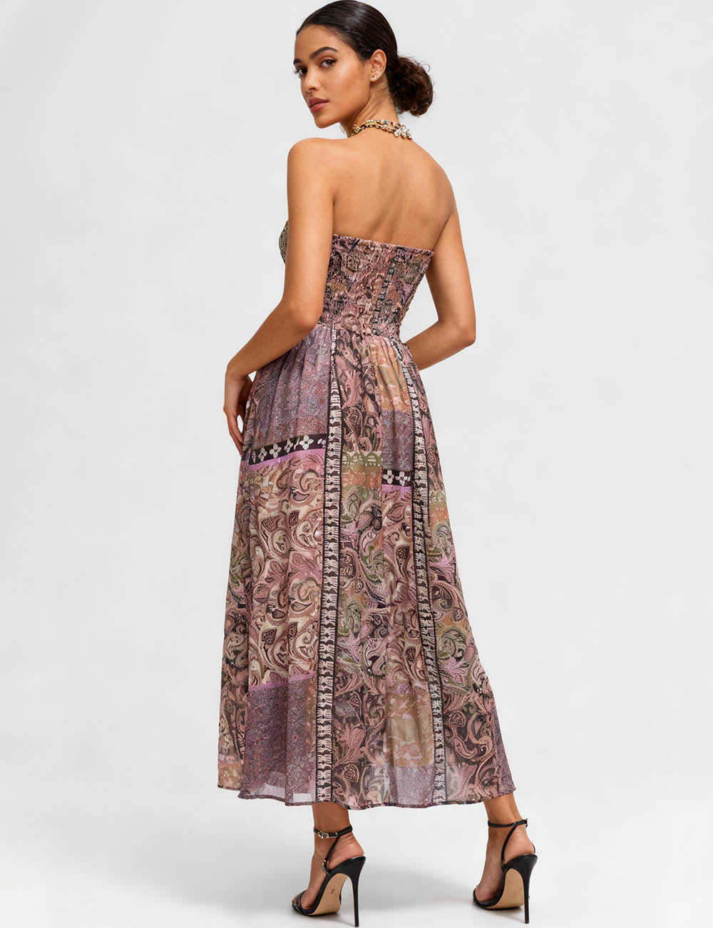 Ladies Floral Print Smocked Back Strapless Tube Maxi Dress