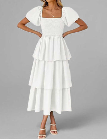 Ladies Solid Color Puff Sleeves Cupcake Maxi Dress