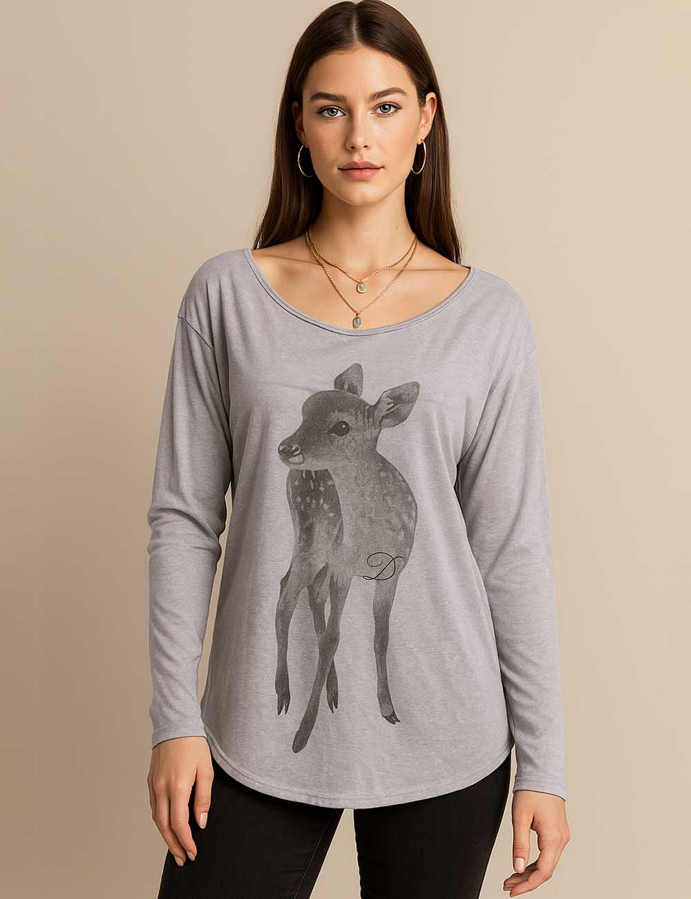 Ladies Cute Deer Print Crew Neck T-Shirt