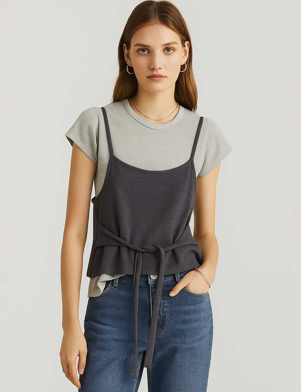 Ladies Color Block String Tie Faux 2PCS Knit Top