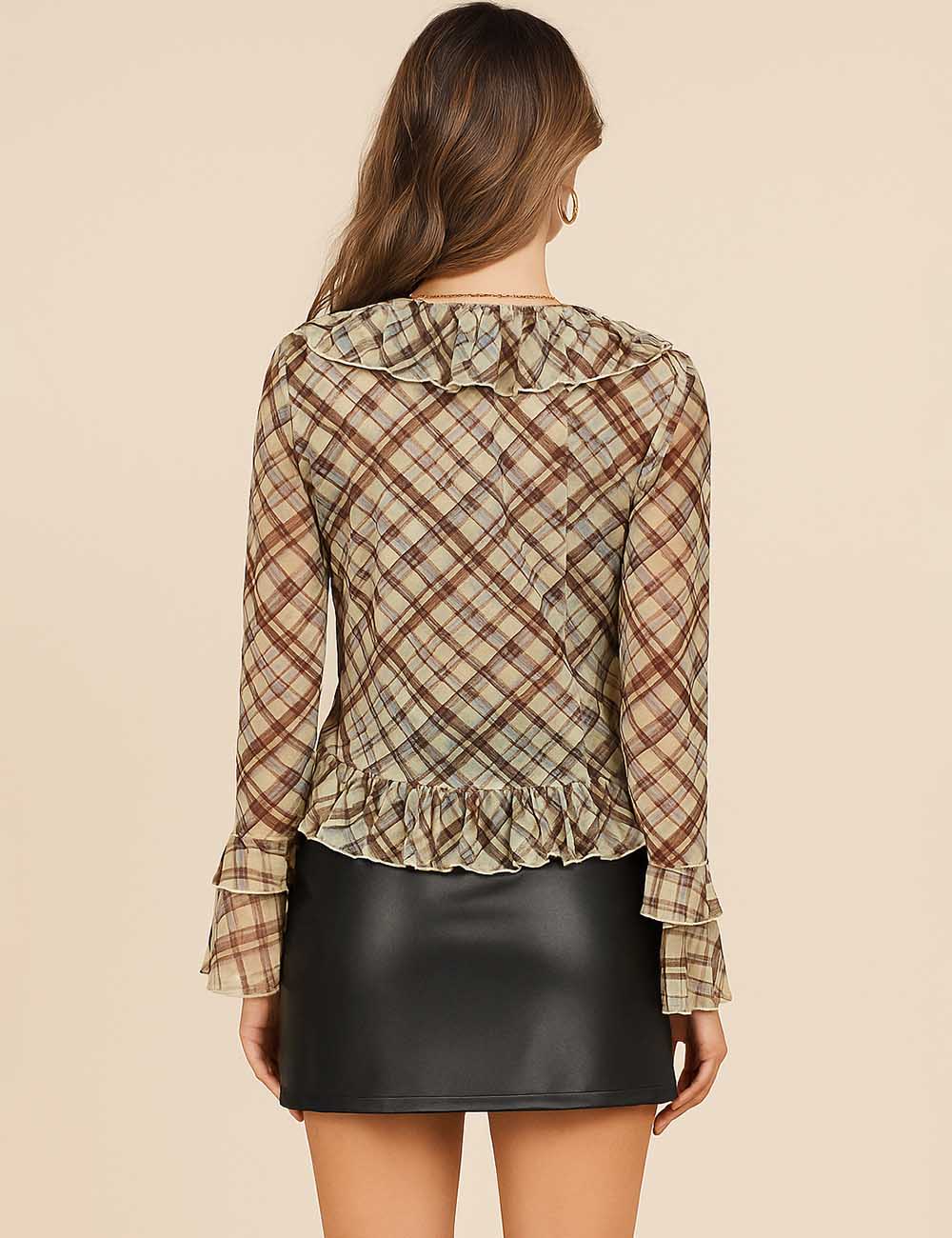 Ladies Checked Cozy V-Neck Long Sleeve Blouse