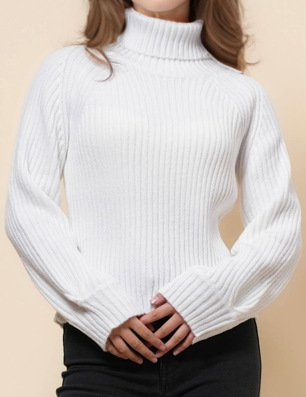Ladies Solid Color High Neck Pullover Sweater SKT41158