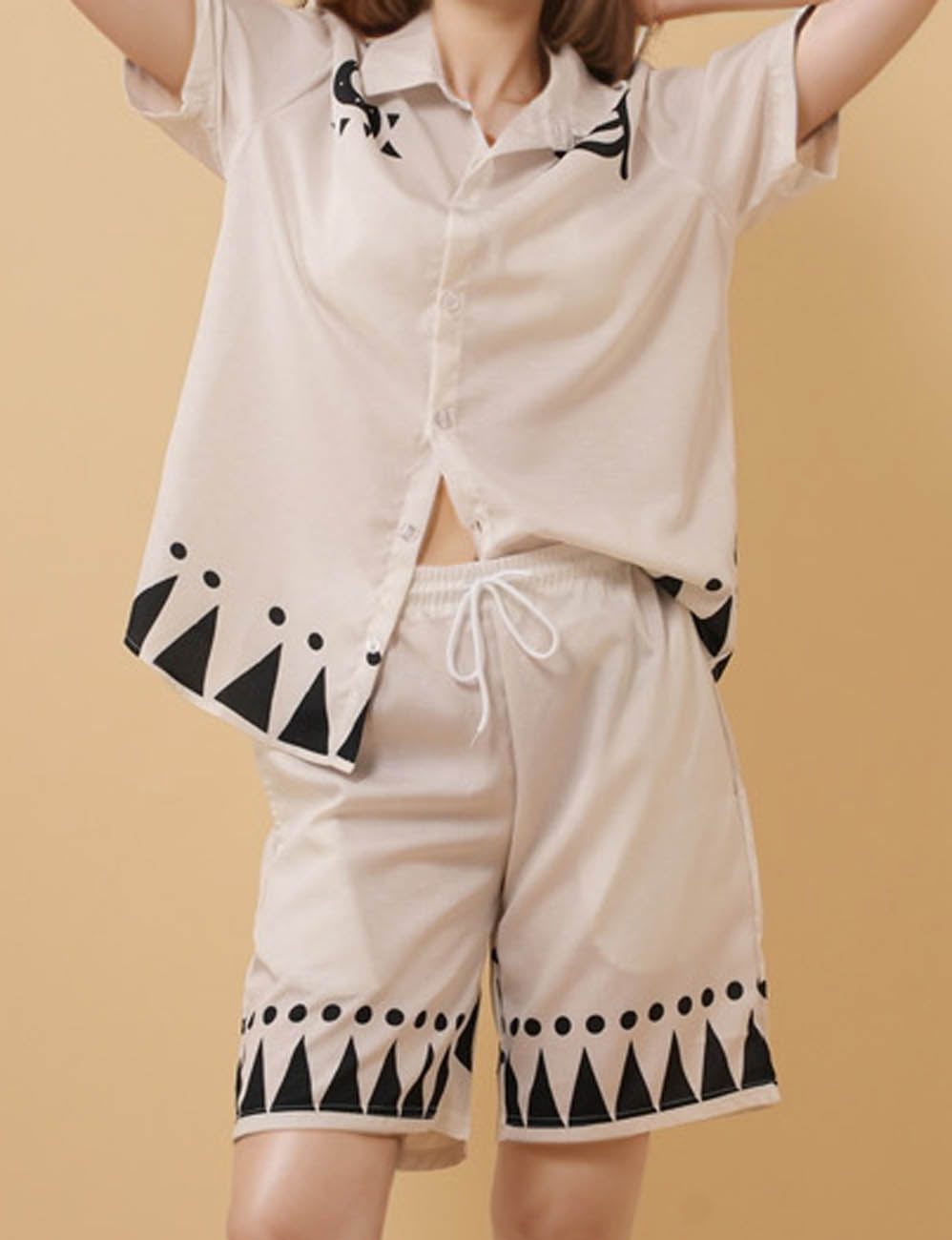 Ladies Turn-down Collar Totem Short Sleeves 2PCS Set 8SKST51271