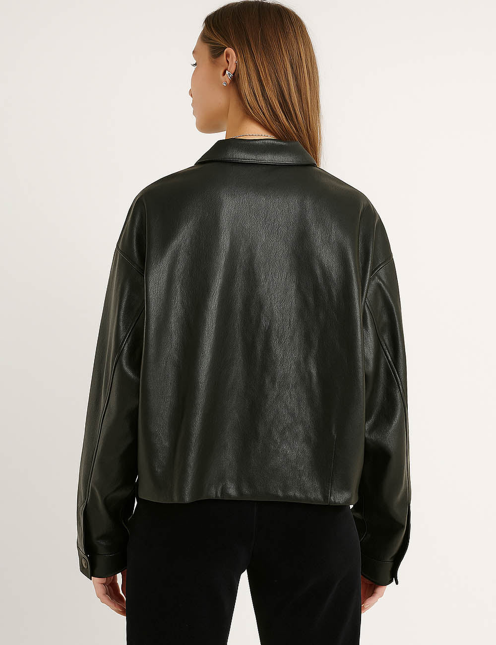 Ladies Stand Collar Button Front Long Sleeves PU Leather Jacket