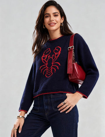 Ladies Color Block Crab Graphic Round Neck Sweater