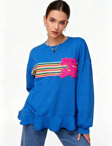 Ladies Rainbow Striped Terry Letter Appliqué Pullover Sweatshirt