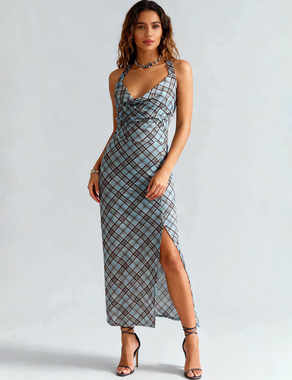 Ladies Checked Halter Back Tie Side Split Maxi Dress