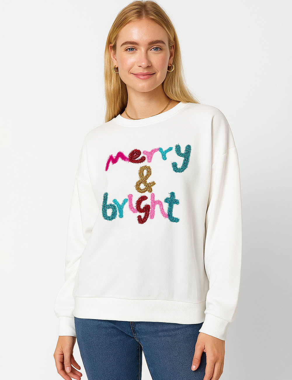 Ladies Christmas Letter Embroidery Round Neck Festive Sweatshirt