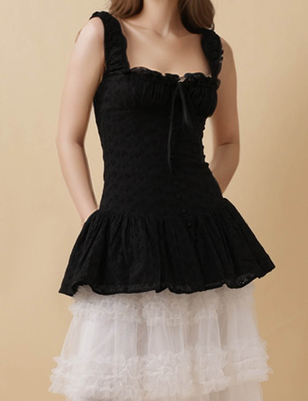 Ladies Solid Color Embroidery Strap Shoulder Mini Dress