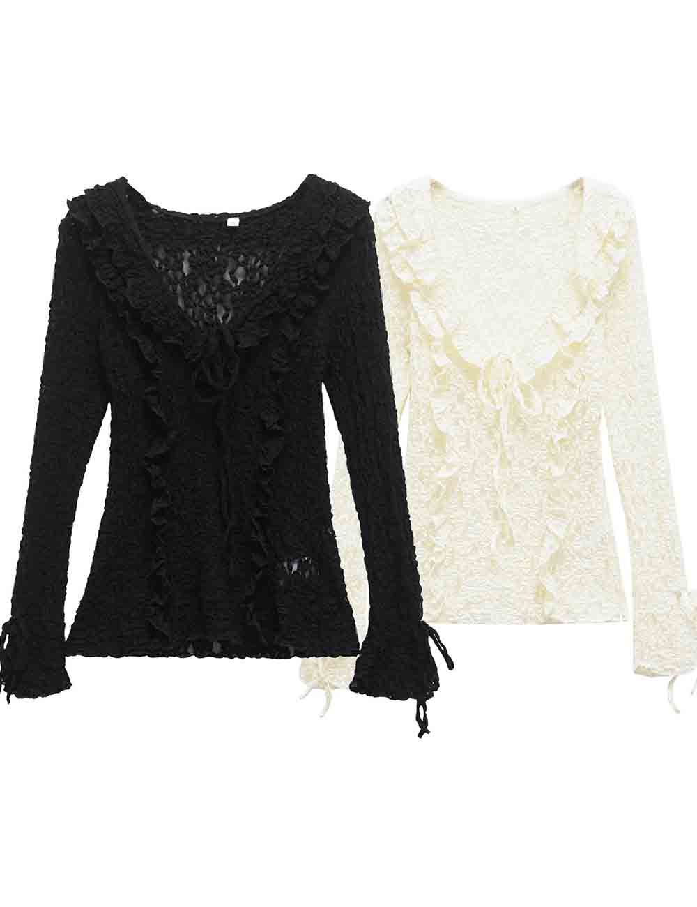 Ladies Solid Color Ruffle Lace Long Sleeves Blouse