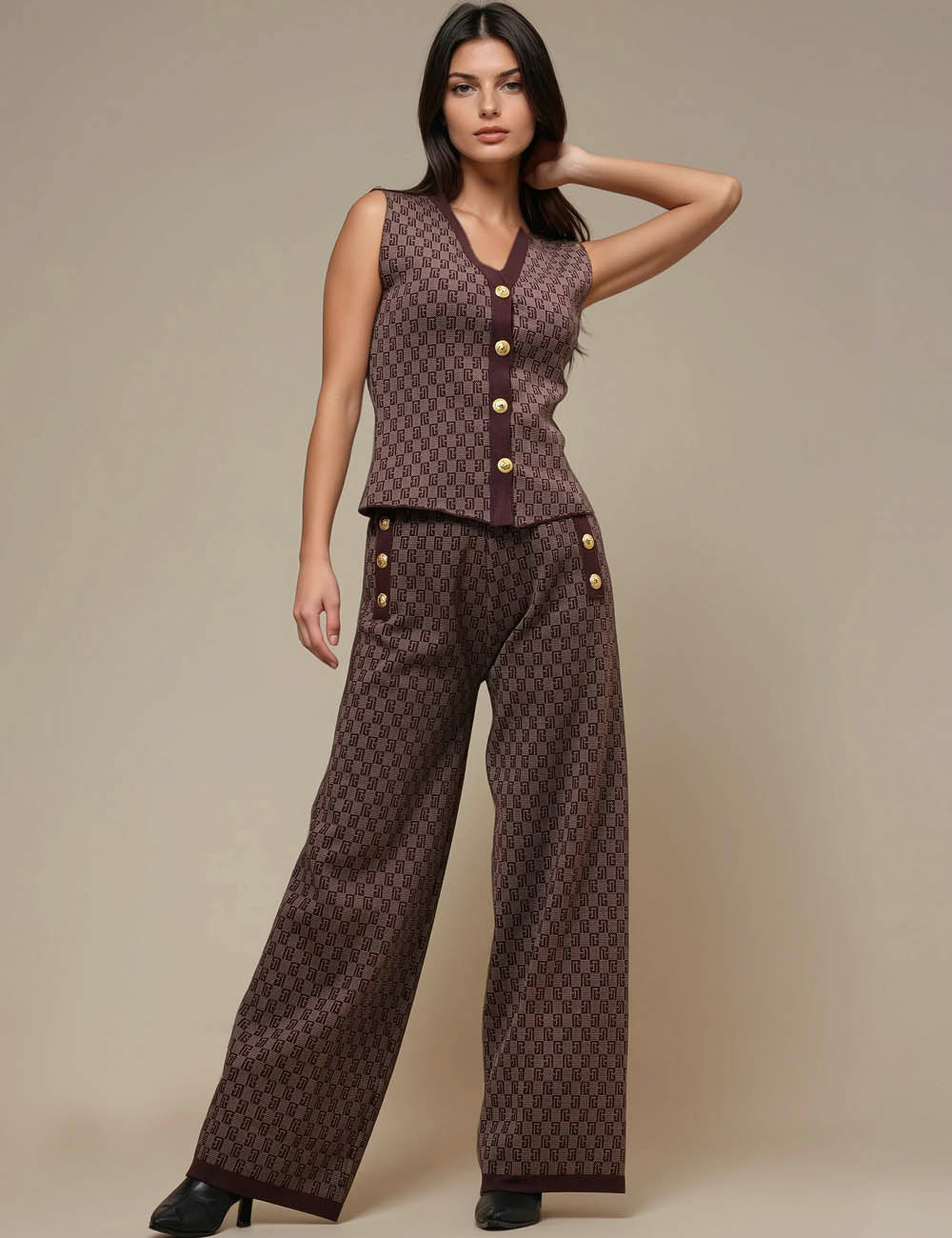 Ladies Color Block V-Neck Vest Pants Sweater Set SKST41057