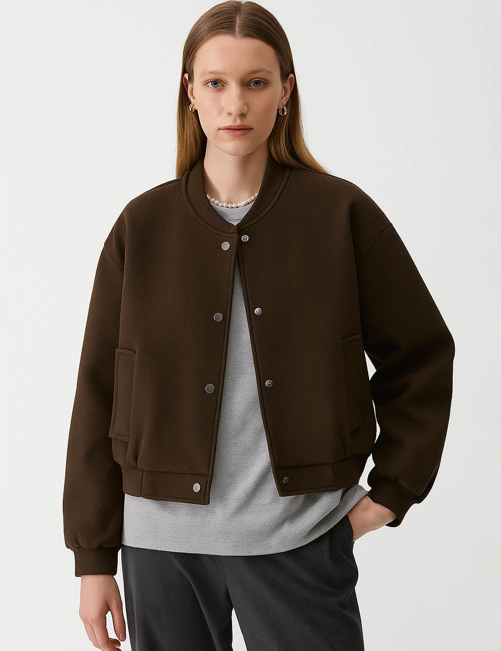 Ladies Baseball Collar Button Front Long Sleeves Jacket