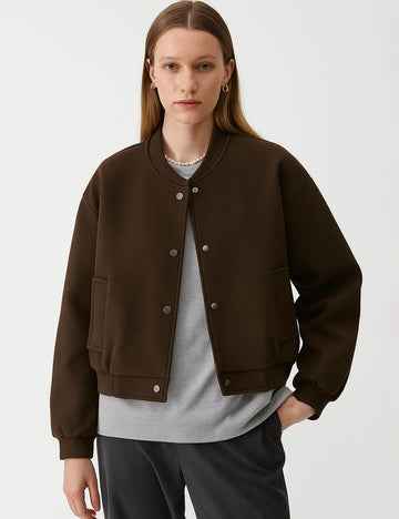 Ladies Baseball Collar Button Front Long Sleeves Jacket