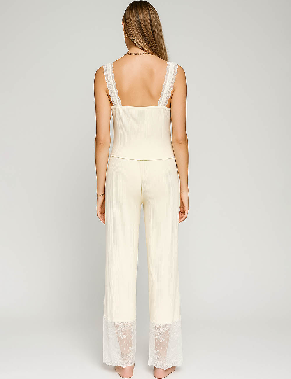 Ladies Lace Splice V-Neck Tank Top & Pants Loungewear Set