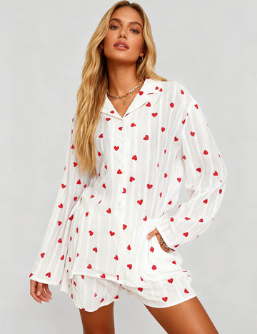 Ladies Valentine‘s Heart Print Long Sleeves Top & Shorts Set