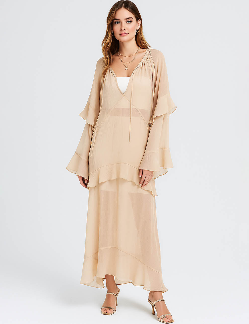 Ladies Chiffon See Sheer Dress Ruffle Flared Sleeves Maxi Dress