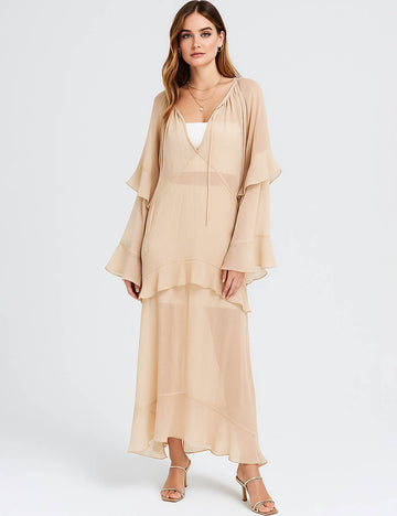 Ladies Chiffon See Sheer Dress Ruffle Flared Sleeves Maxi Dress