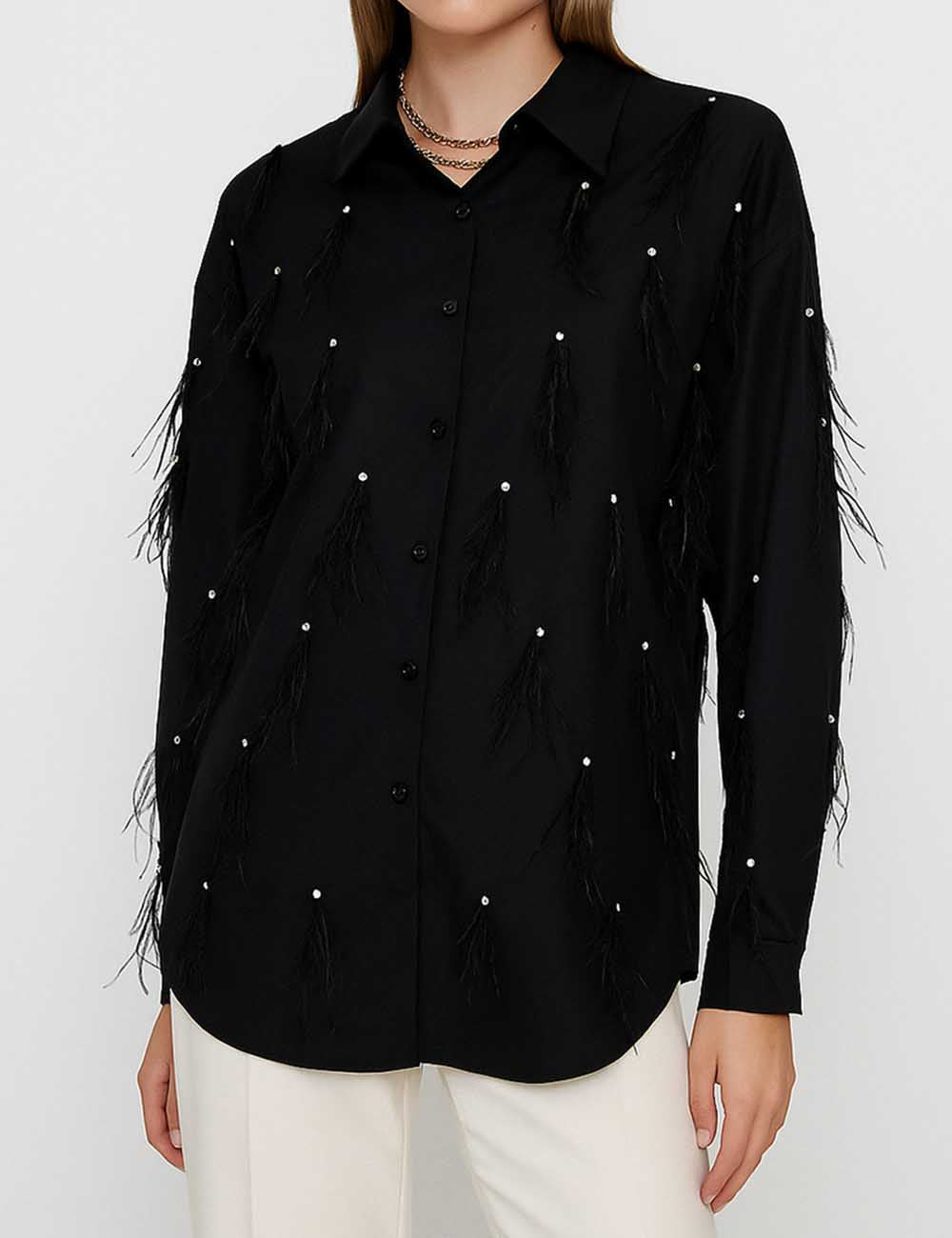 Ladies Solid Color Shiny Beading Feather Button Down Shirt