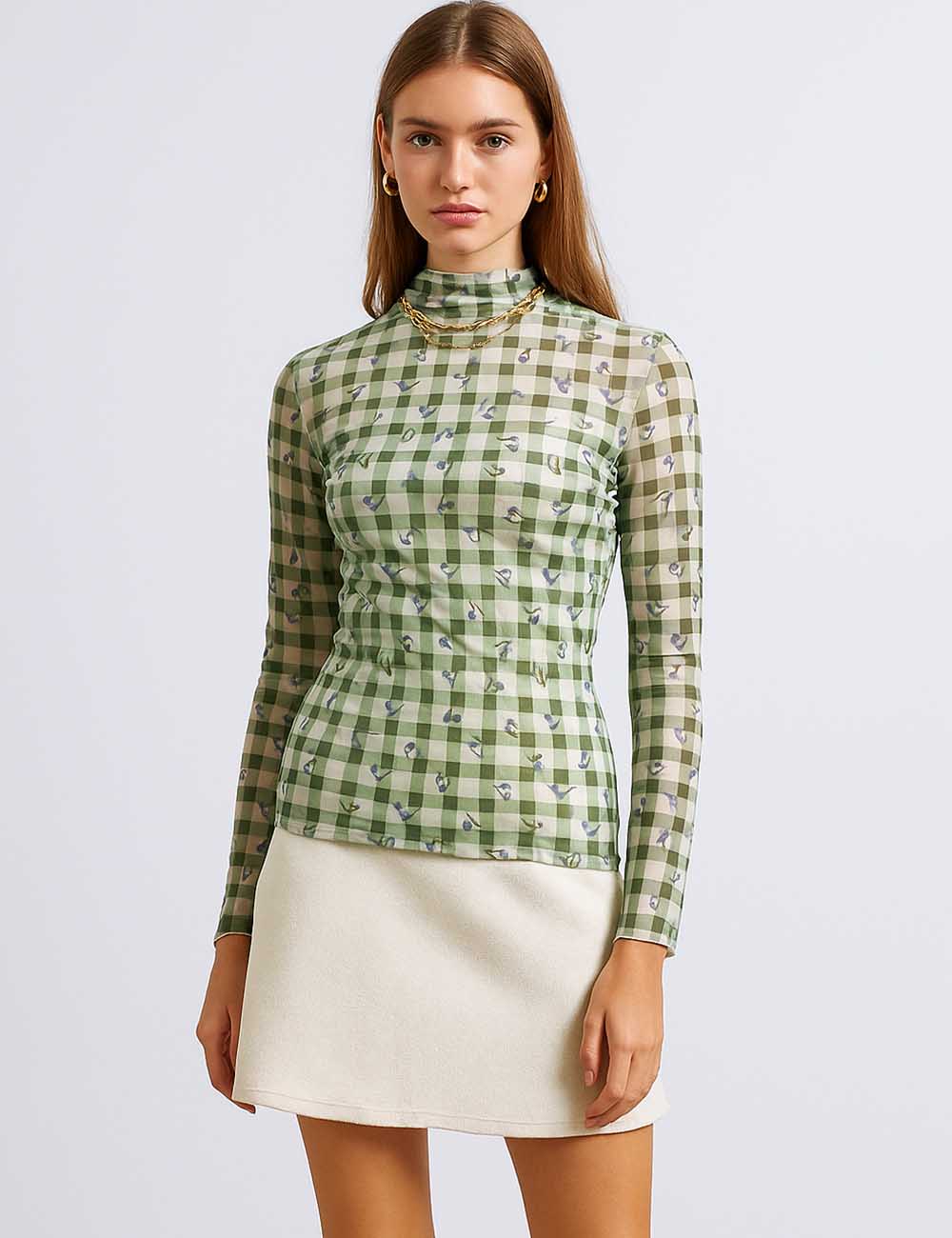 Women Checked Layering Top See Sheer Blouse