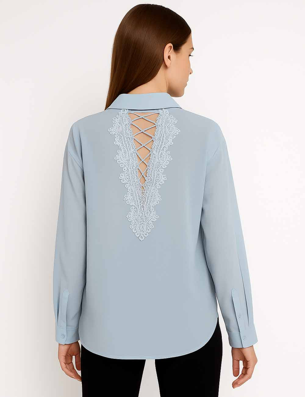 Ladies Turndown Collar Button Down Lace Back Cut Out Shirt