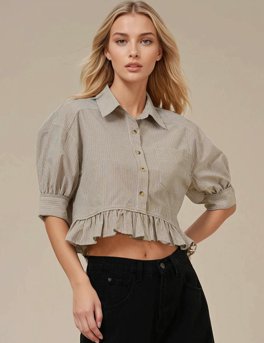 Ladies Stripe Color Block Short Sleeves Shirt SKT51155