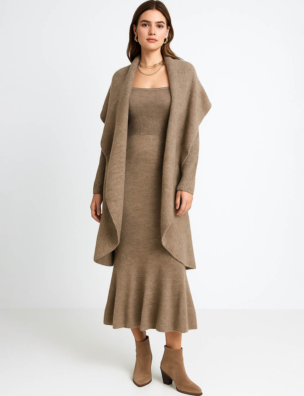 Ladies V-Neck Knit Cami Midi Dress & Crop Cardigan Set