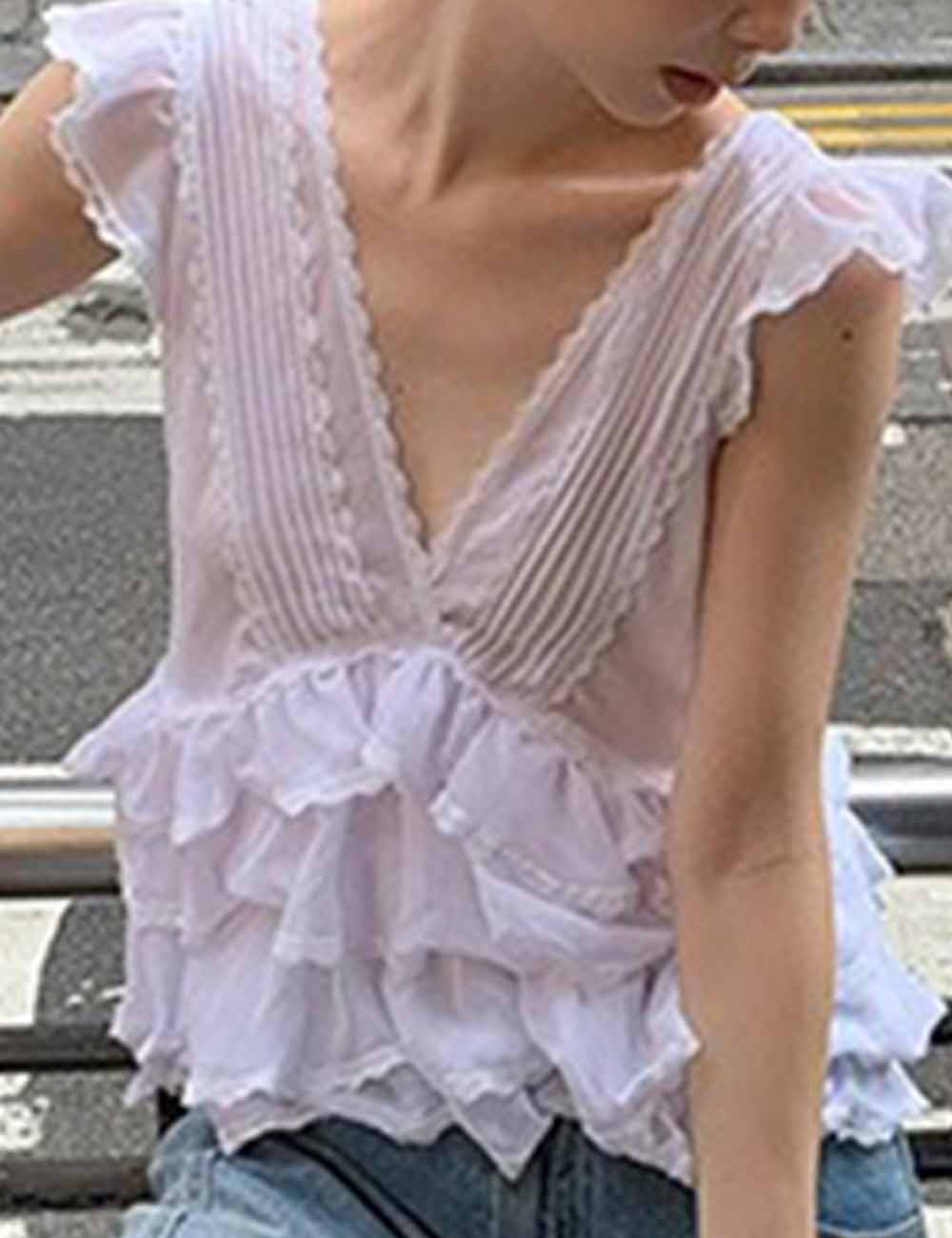 Ladies V-Neck Flutter Sleeves Tiered Ruffle Back Tie Top