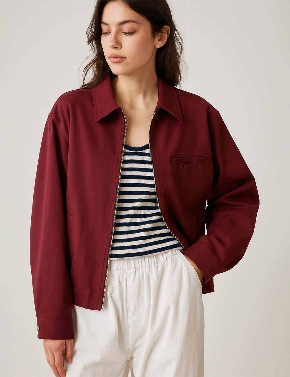 Ladies Turn Down Collar Zipper Front Long Sleeves Jacket