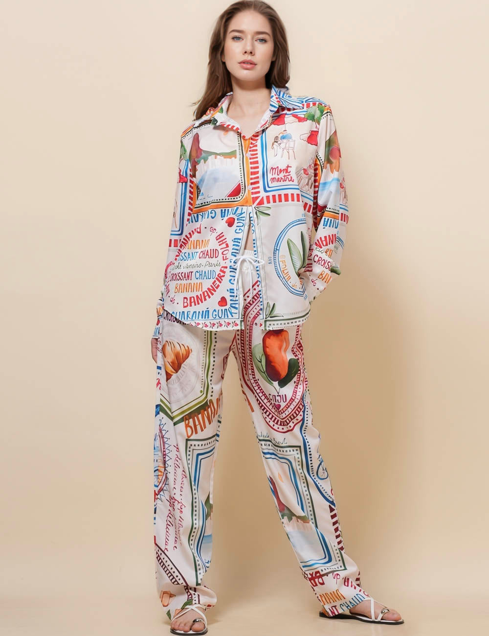 Ladies Turndown Collar Print Shirt Top 2PCS Set SKST50345