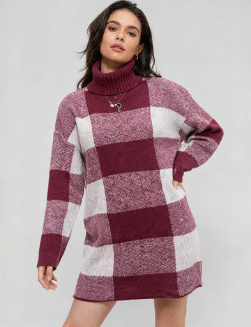 Ladies Christmas Plaid Sweater Mini Dress SKD41157