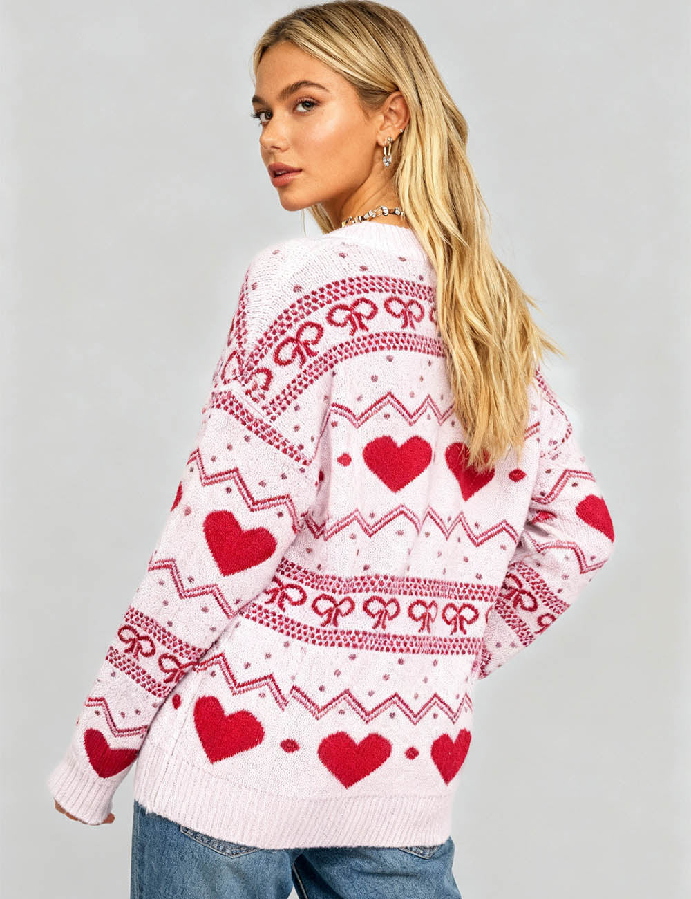 Ladies Valentine's Heart Geometric Round Neck Sweater