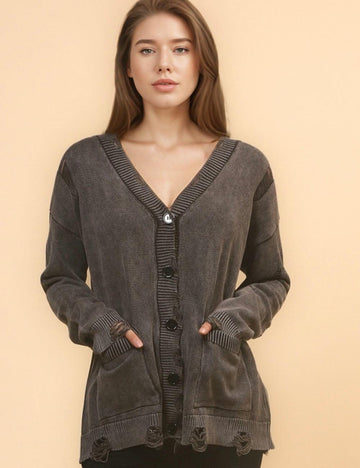 Ladies V-neck Washed Distressed Buttons Pocket Cardigan SKT4714