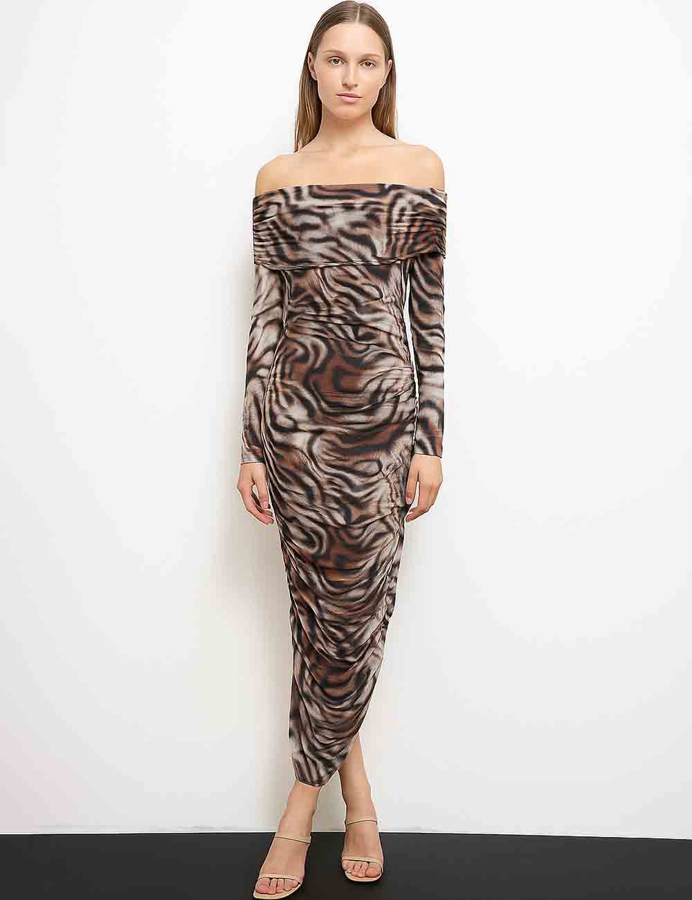 Ladies Tiger Striped Off-Shoulder Wrinkle Mesh Maxi Dress