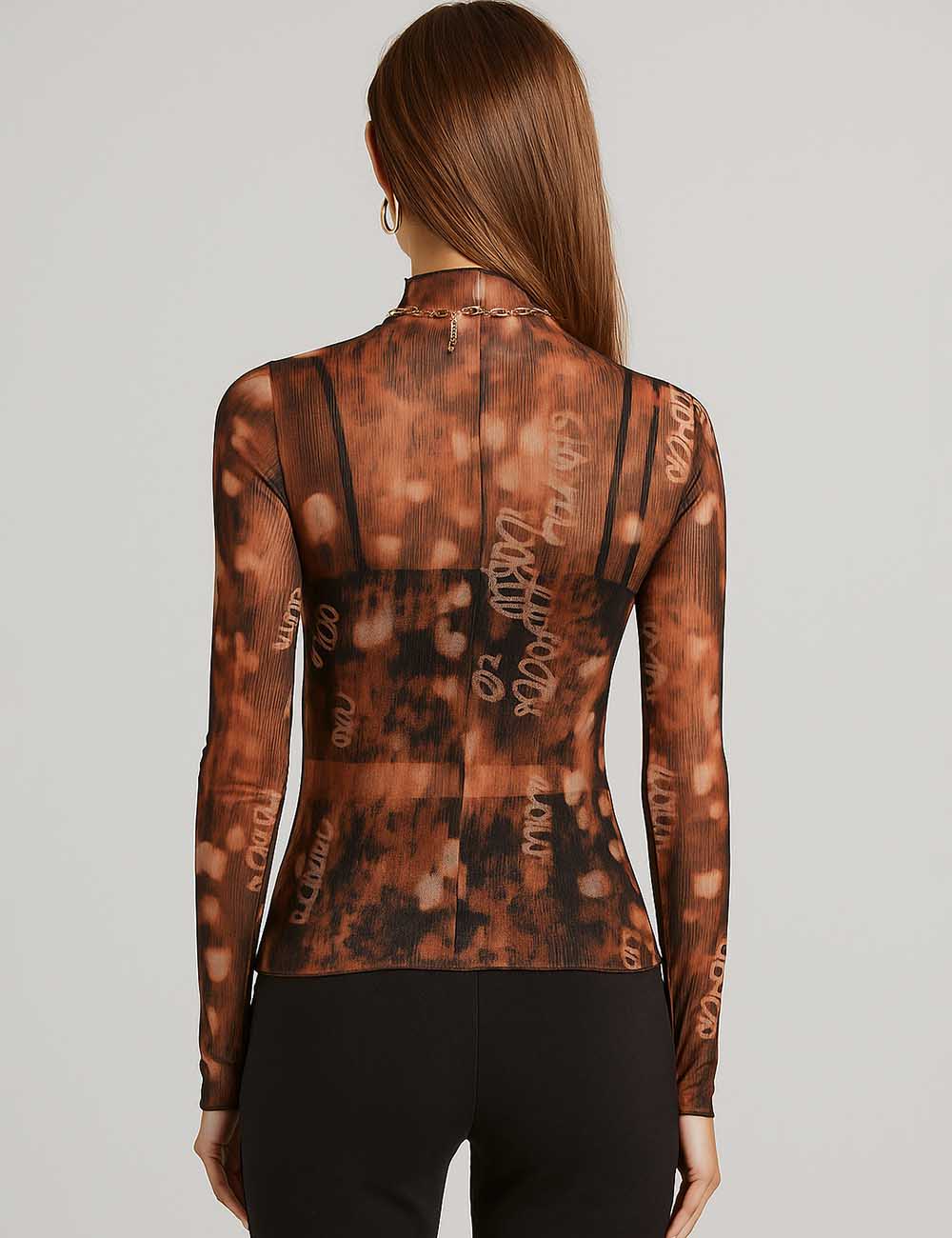 Women Turtle Neck Print See Sheer Layering Top Blouse