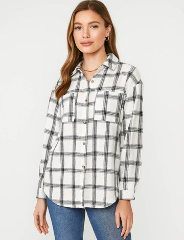 Ladies Botton Open Turndown Collar Plaid Shirt 9965