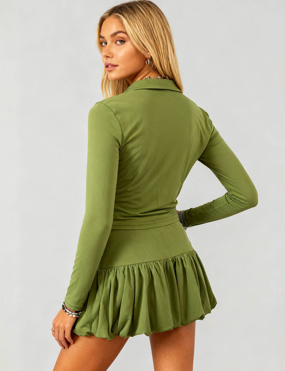 Ladies Ruched Collared Button Top Puffy Hem Mini Skirts Set