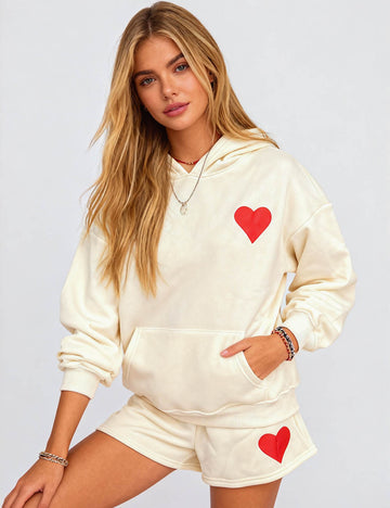 Ladies Valentine Fleece Lined Heart Sweatshirt & Shorts Set