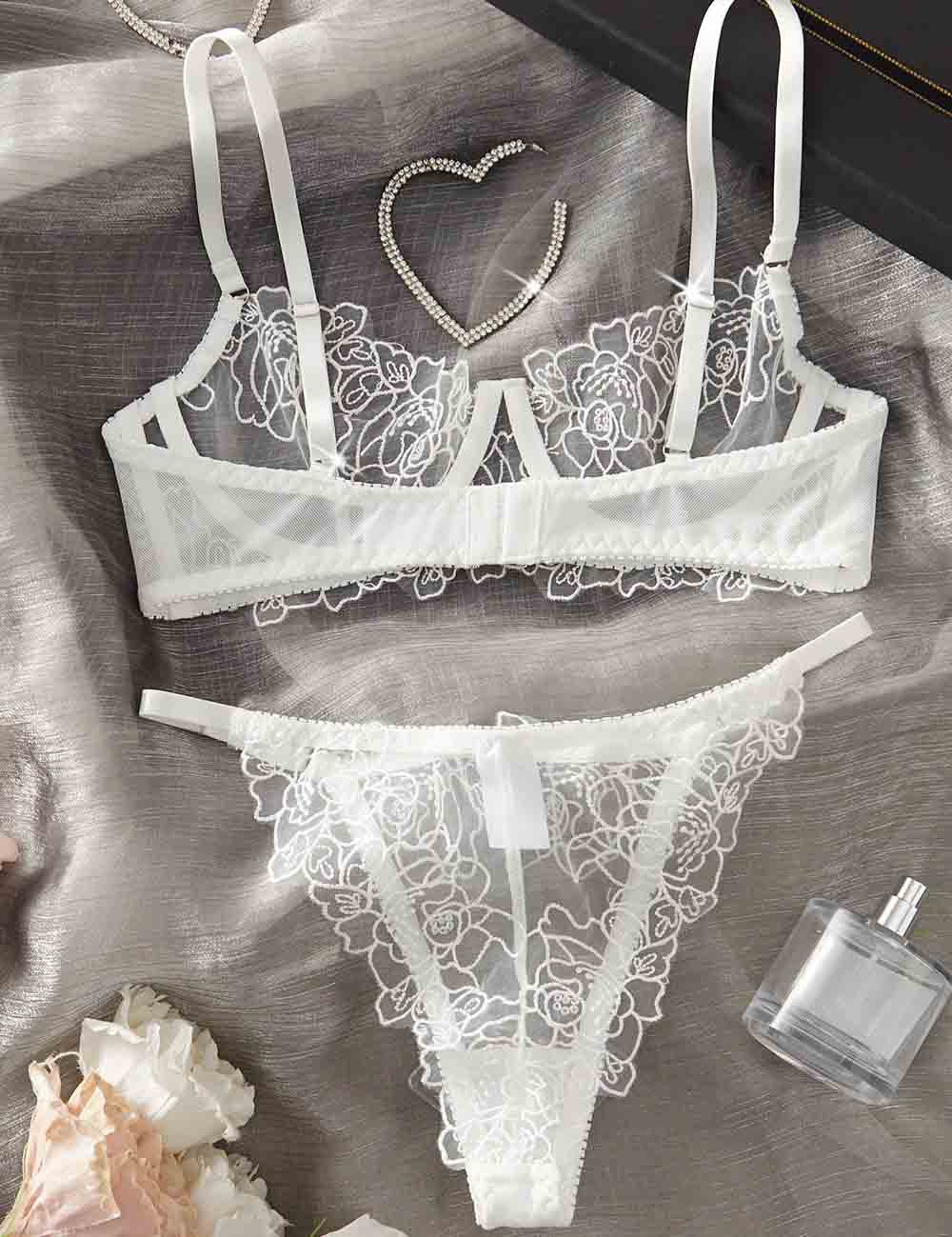Ladies Floral Embroidery See Through 2PCS Lingerie Set 8XY6138
