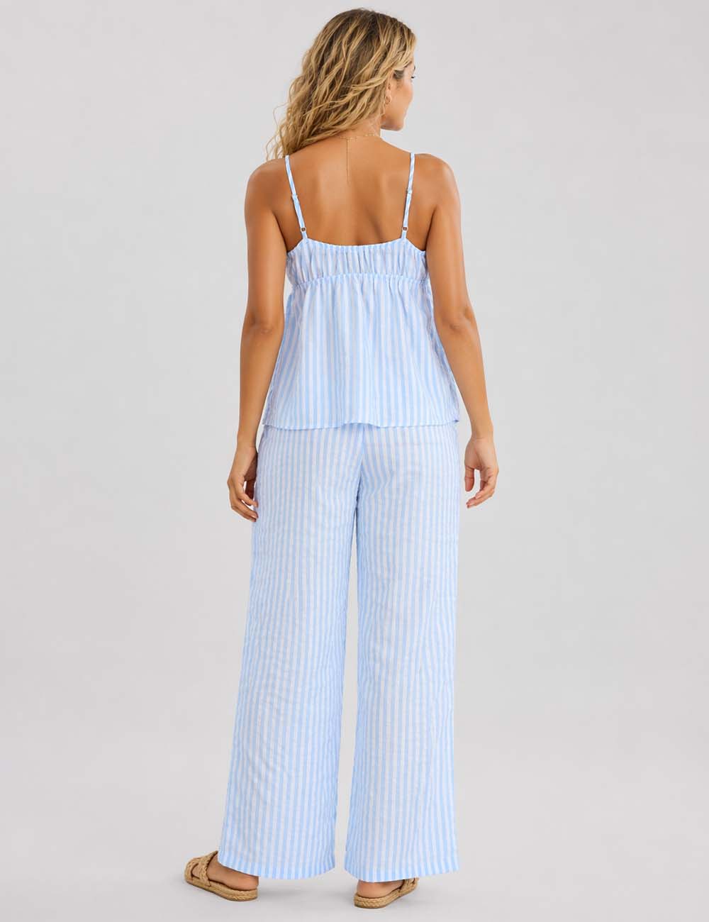 Ladies Casual Striped Button Front Cami Top & Pants Matching Set