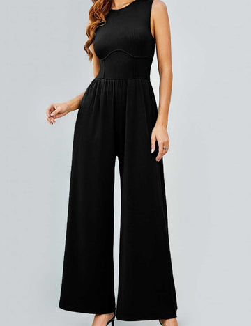 Ladies Solid Color Sleeveless Straight Leg Jumpsuit