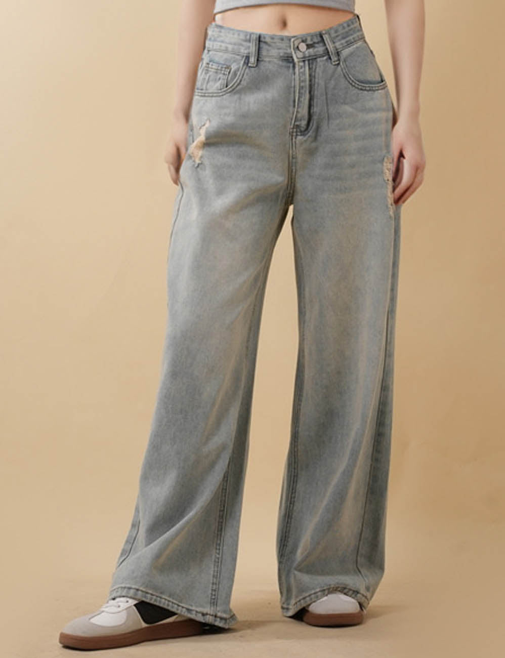 Ladies Classic Distressed Wide Leg Denim Pants