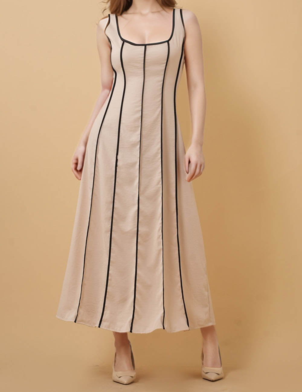 Ladies Round Neck Color Block Sleeveless Midi Dress 8SKD51273